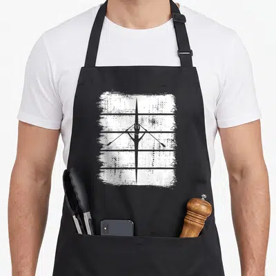 Tablier de cuisine noir avec un croquis monochrome représentant un bateau d'aviron et un rameur vu de dessus.