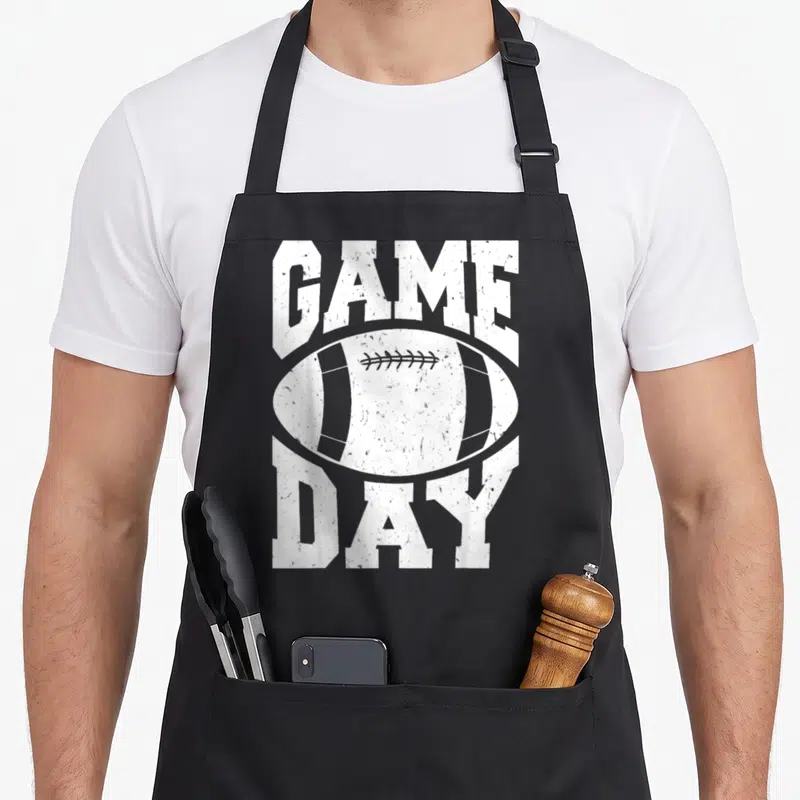 Tablier de cuisine noir avec illustration vintage d'un ballon de rugby et le texte Game Day en blanc.