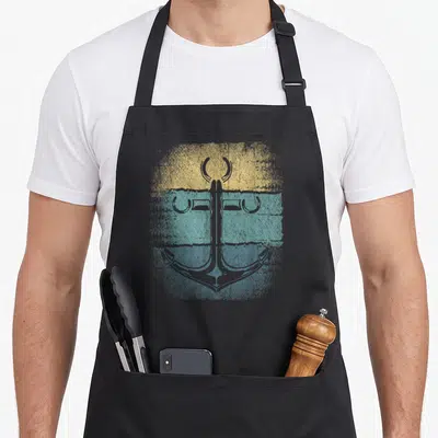 Tablier de cuisine noir avec une illustration d'ancre marine stylisée sur fond texturé bleu et jaune doré.
