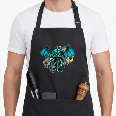 Tablier de cuisine noir avec un monstre marin turquoise aux ailes et tentacules entourés de motifs floraux jaunes et violets.