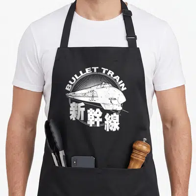 Tablier de cuisine noir avec illustration blanche d'un train à grande vitesse et texte « BULLET TRAIN » sur fond gris uni.
