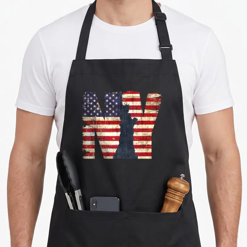 Tablier de cuisine noir avec les lettres NY en drapeau américain et statue de la Liberté en silhouette.