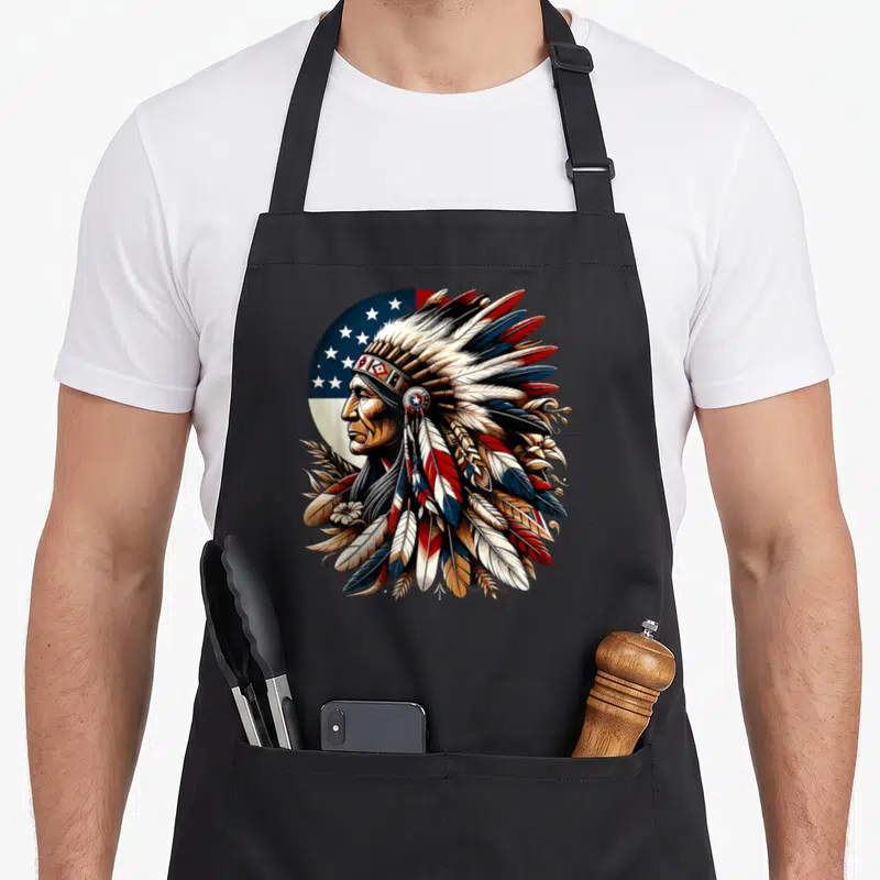 Tablier de cuisine noir avec illustration d'un chef indien au plumage aux couleurs du drapeau américain.