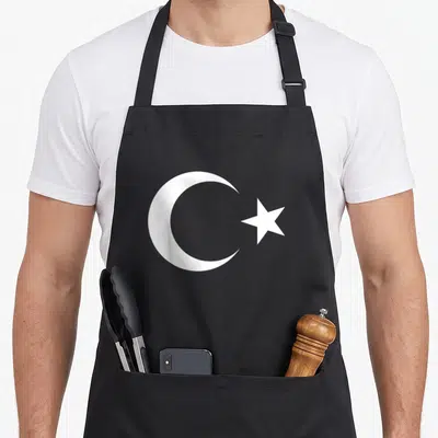 Tablier Drapeau turc — sur un tablier de cuisine noir, fond blanc