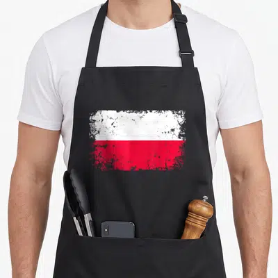 Tablier de cuisine noir avec drapeau polonais blanc et rouge style usé