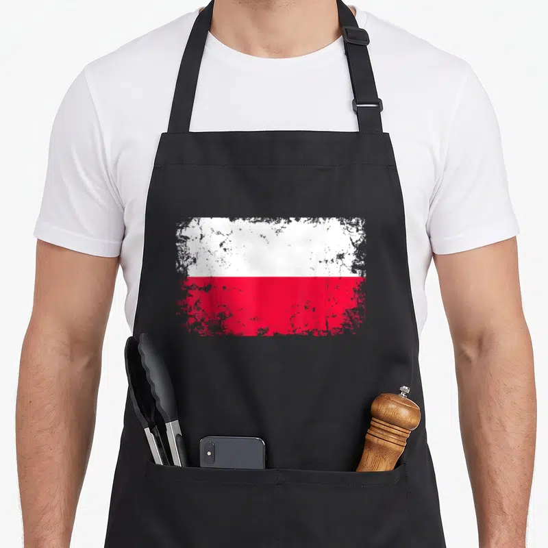 Tablier de cuisine noir avec drapeau polonais blanc et rouge style usé