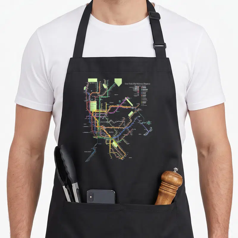 Tablier de cuisine noir avec une carte colorée du réseau de métro de New York City imprimée au centre.