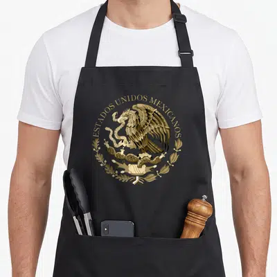 Tablier de cuisine noir avec le blason des Estados Unidos Mexicanos en sépia représentant un aigle sur un cactus.