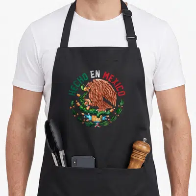 Tablier de cuisine noir avec aigle tenant un serpent sur cactus et inscription Hecho en Mexico aux couleurs du drapeau.