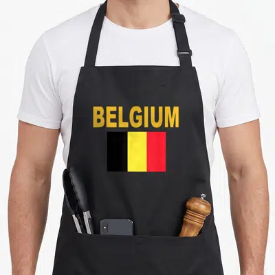 Tablier de cuisine noir avec l'inscription BELGIUM et le drapeau tricolore vertical noir jaune rouge