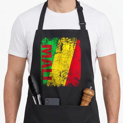 Tablier de cuisine noir avec le drapeau Mali vert jaune rouge et texte vertical Mali en rouge style vieilli.