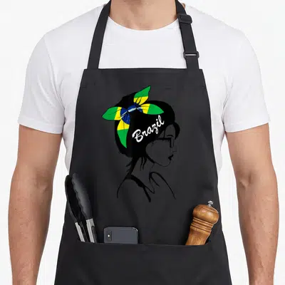 Tablier de cuisine noir avec profil femme au bandano drapeau Brésil et inscription Brazil