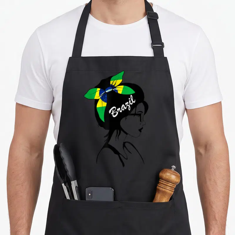 Tablier de cuisine noir avec profil femme au bandano drapeau Brésil et inscription Brazil