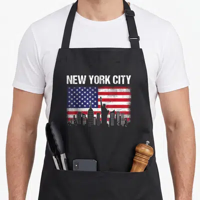 Tablier de cuisine noir avec skyline New York City, drapeau américain et Statue de la Liberté en gris et couleurs vives.