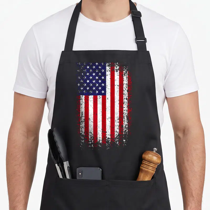 Tablier de cuisine noir avec un grand drapeau américain style vintage et effet vieilli imprimé sur le devant.
