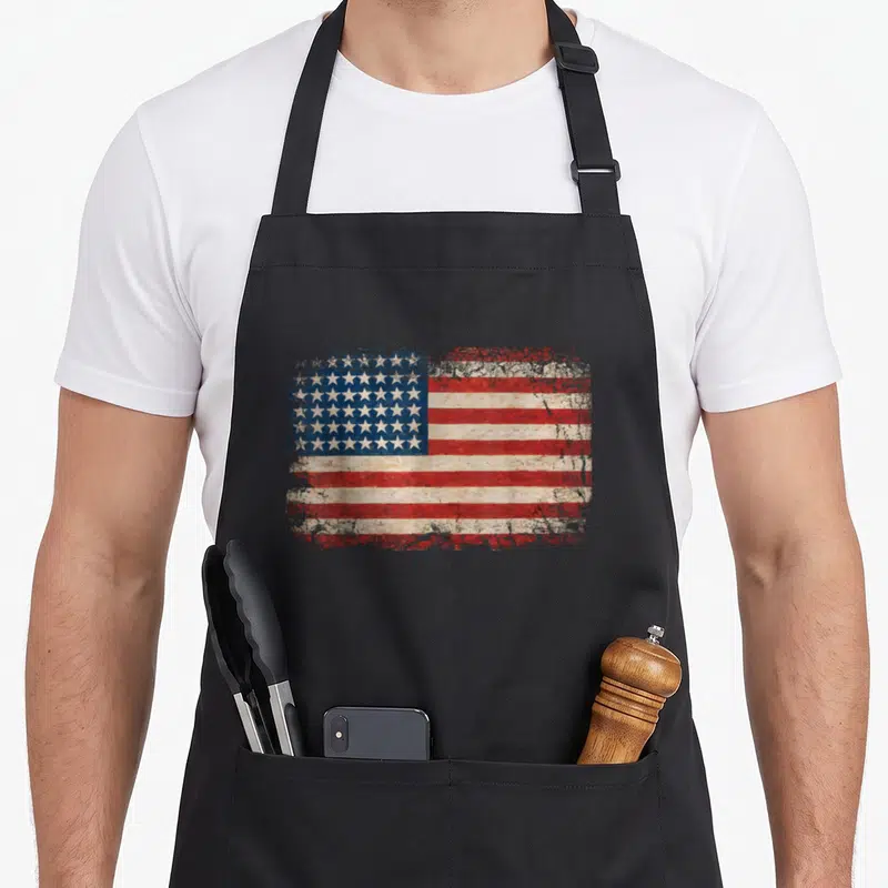 Tablier de cuisine noir avec un drapeau américain stars et stripes au style vintage délavé et texturé.