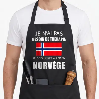 Tablier de cuisine noir avec le drapeau de Norvège et le texte blanc Je n'ai pas besoin de thérapie.