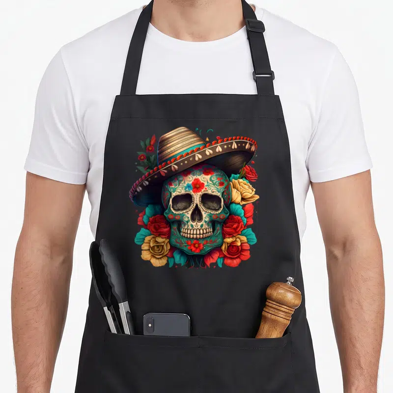 Tablier de cuisine noir avec un crâne de sucre mexicain coiffé d'un sombrero entouré de roses rouges et dorées.