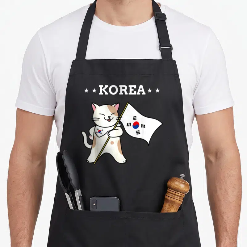 Tablier de cuisine noir avec un chat blanc et beige tenant le drapeau de Corée sous le mot KOREA en lettres capitales.