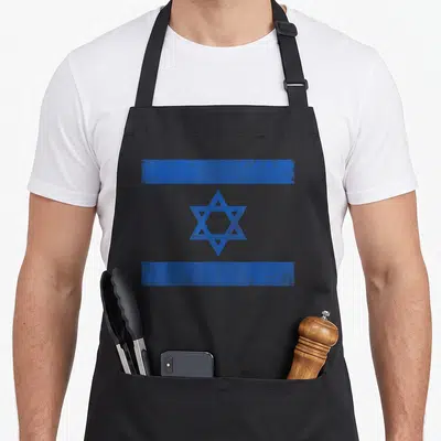 Tablier de cuisine noir avec drapeau d'Israël bleu à l'aspect vieilli et étoile de David au centre