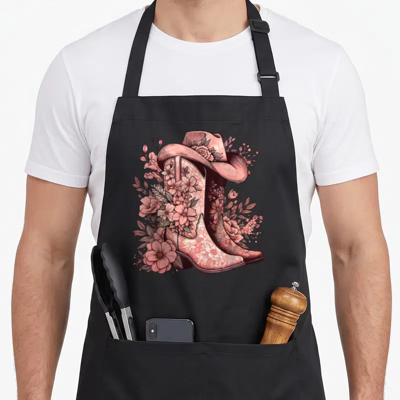 Tablier de cuisine noir avec illustration de bottes western et chapeau cowgirl roses entourés de fleurs florales.