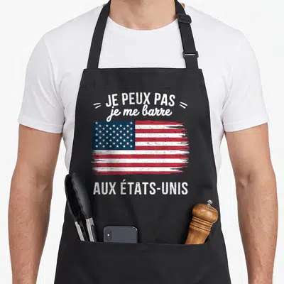 Tablier de cuisine noir avec drapeau américain brossé et texte blanc Je peux pas je me barre aux États-Unis