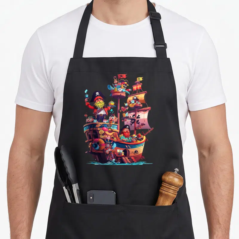 Tablier de cuisine noir avec illustration colorée d'un navire pirate servant le thé entouré de petits personnages fantaisistes.