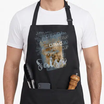 Tablier de cuisine noir avec illustration vintage Salsa Cuba et automobile ancienne bleue et orange.