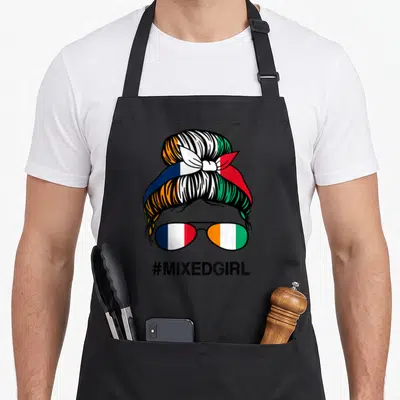 Tablier de cuisine noir avec illustration de cheveux multicolores drapeaux et lunettes aviateurs #MIXEDGIRL