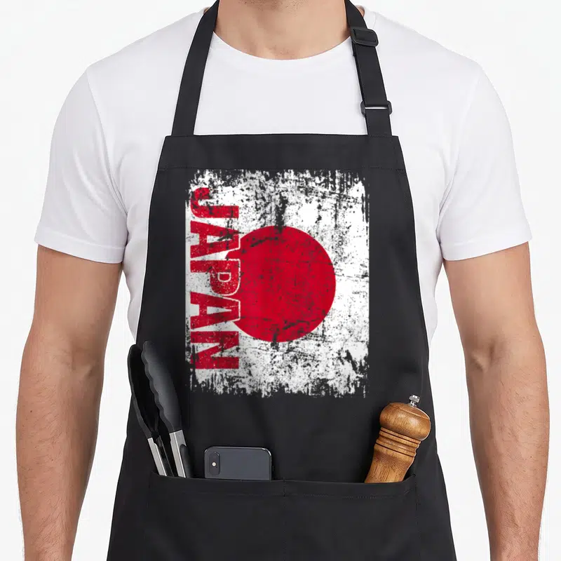 Tablier de cuisine noir avec inscription JAPAN verticale et grand cercle rouge sur fond blanc texturé.