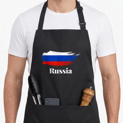 Tablier de cuisine noir avec un trait de peinture tricolore blanc bleu rouge et le mot Russia en lettres blanches