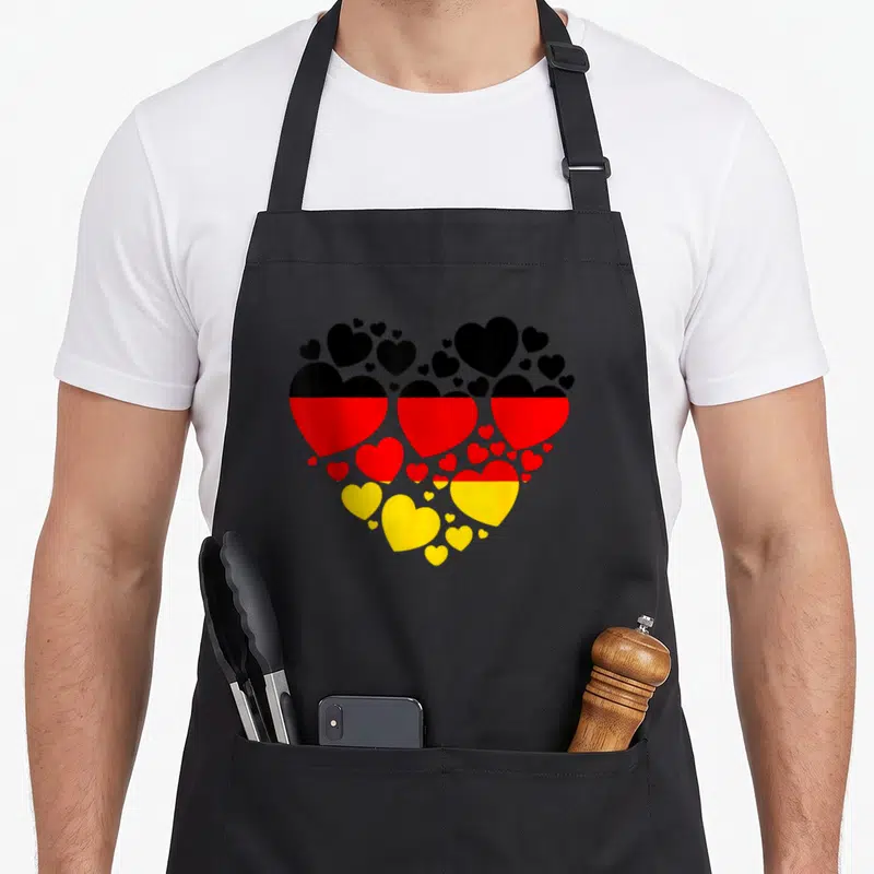Tablier de cuisine noir avec un motif de cœur formé par des cœurs aux couleurs du drapeau allemand noir rouge et jaune or