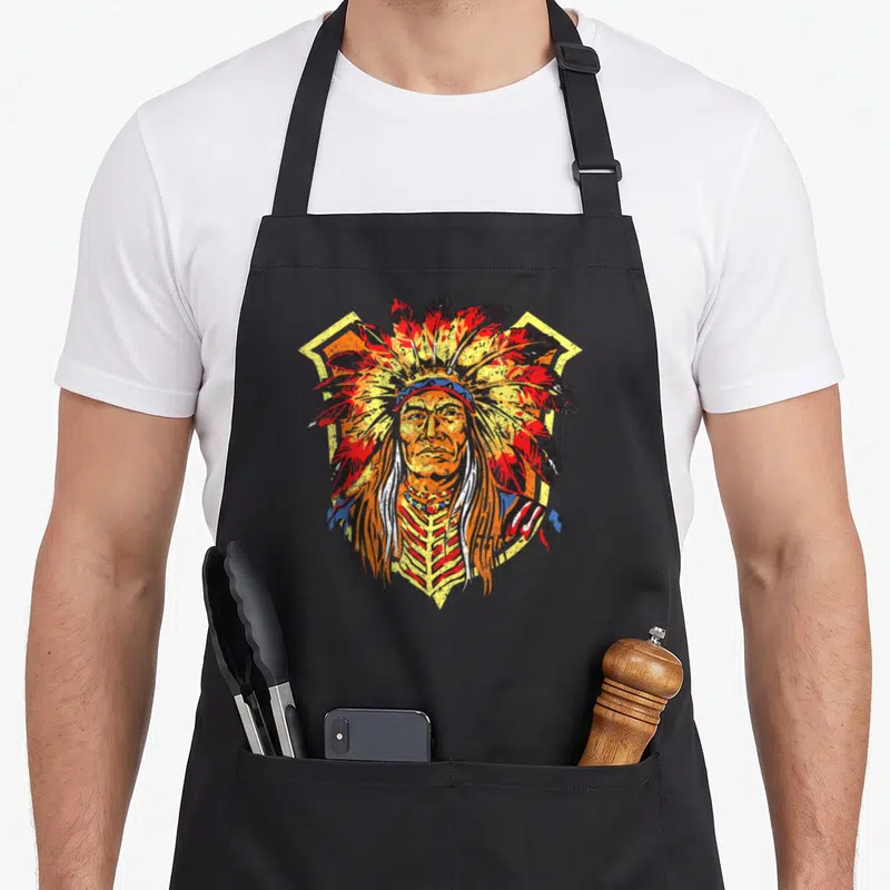 Tablier de cuisine noir avec illustration d'un chef amérindien au grand heaume de plumes rouges et noires sur fond orange géométrique.