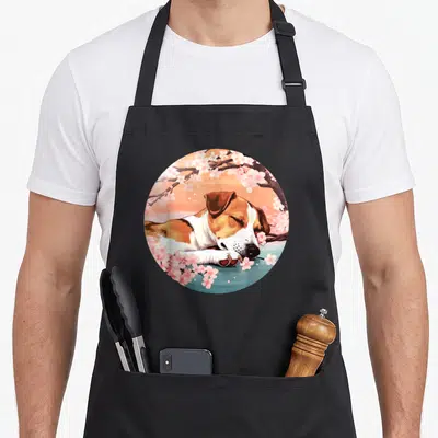 Tablier de cuisine noir avec illustration circulaire d'un chien Jack Russell dormant sous des fleurs de cerisier roses.