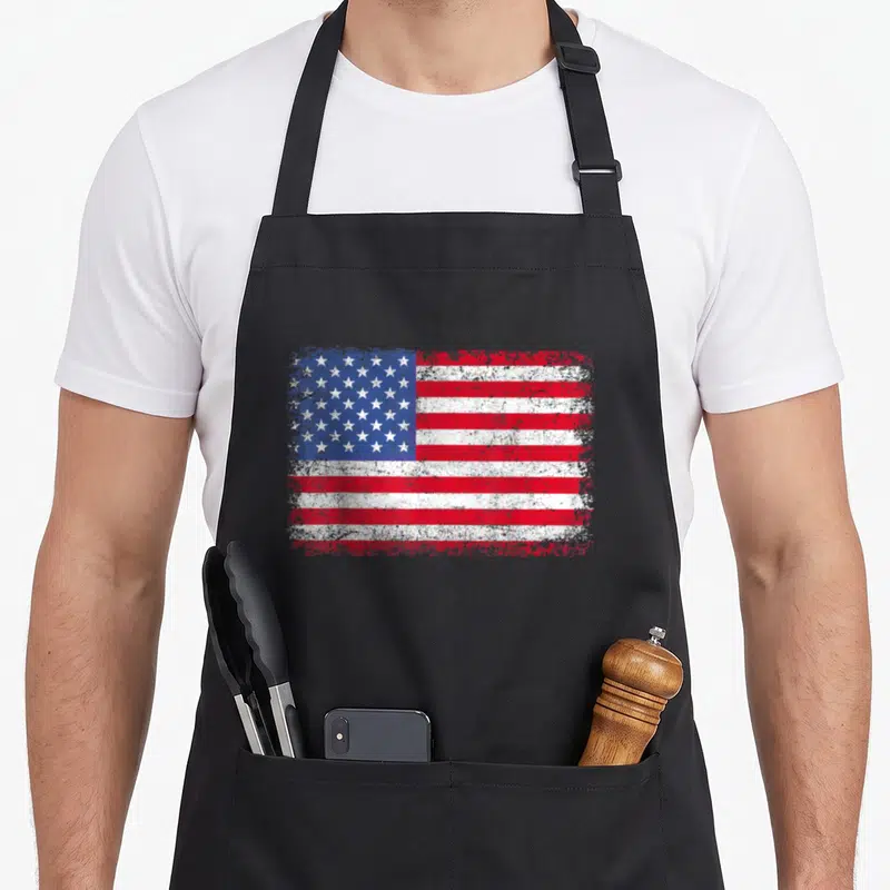 Tablier de cuisine noir avec un drapeau américain imprimé en style vintage délavé rouge blanc et bleu.