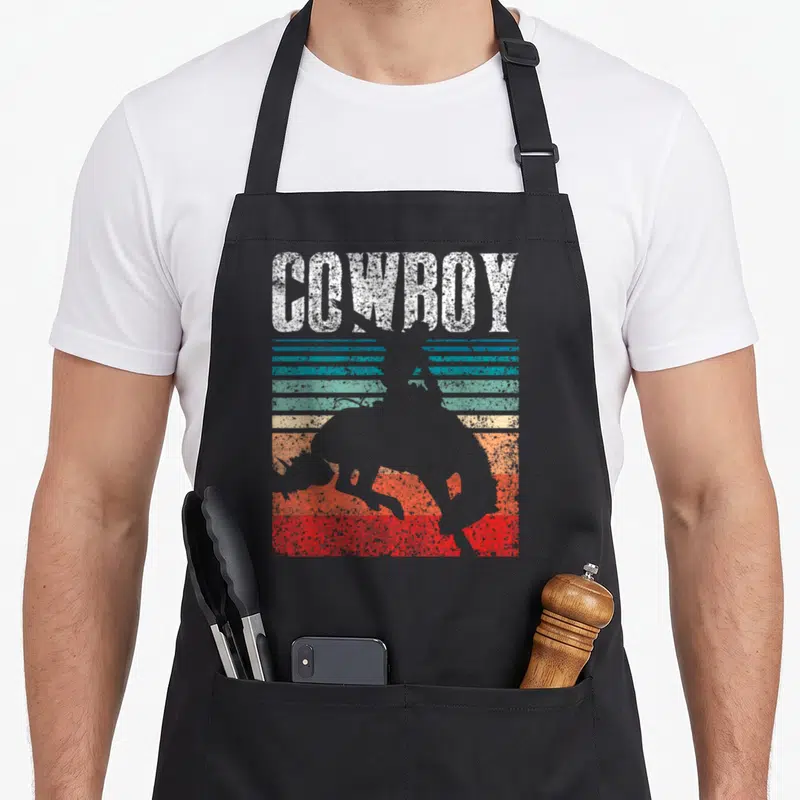 Tablier de cuisine noir avec silhouette cavalier et texte cowboy sur fond de bandes colorées vintage.