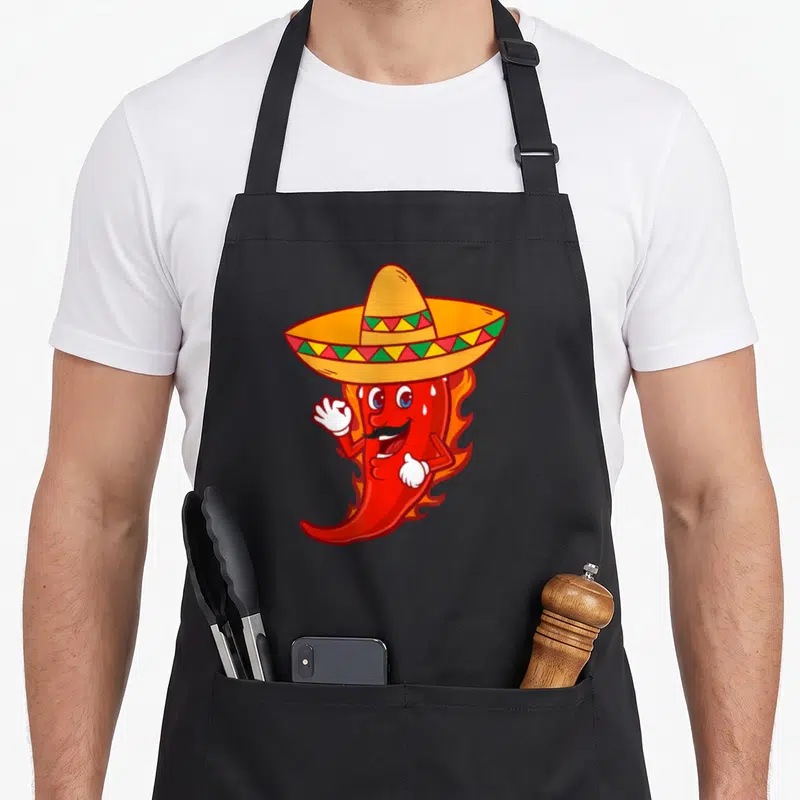Tablier de cuisine noir avec un piment rouge souriant portant un sombrero coloré et une moustache noire.