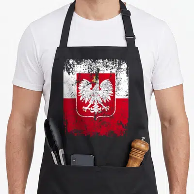 Tablier de cuisine noir avec le drapeau polonais à l'aigle blanc et rouge effet vieilli