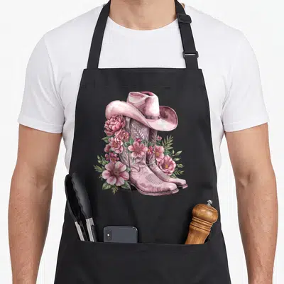 Tablier de cuisine noir avec aquarelle cowgirl montrant bottes roses, chapeau western et fleurs florales.