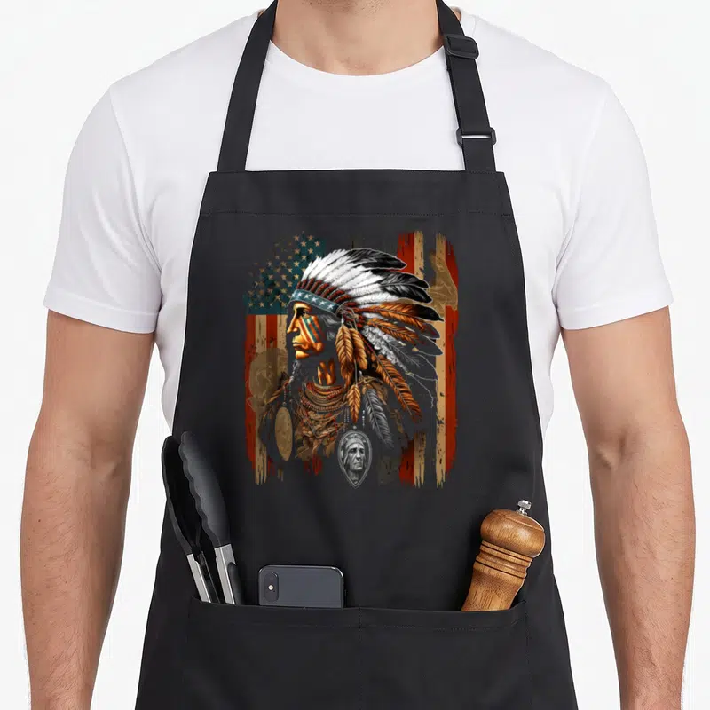Tablier de cuisine noir avec illustration d'un chef amérindien au plumage et du drapeau américain en arrière-plan texturé.