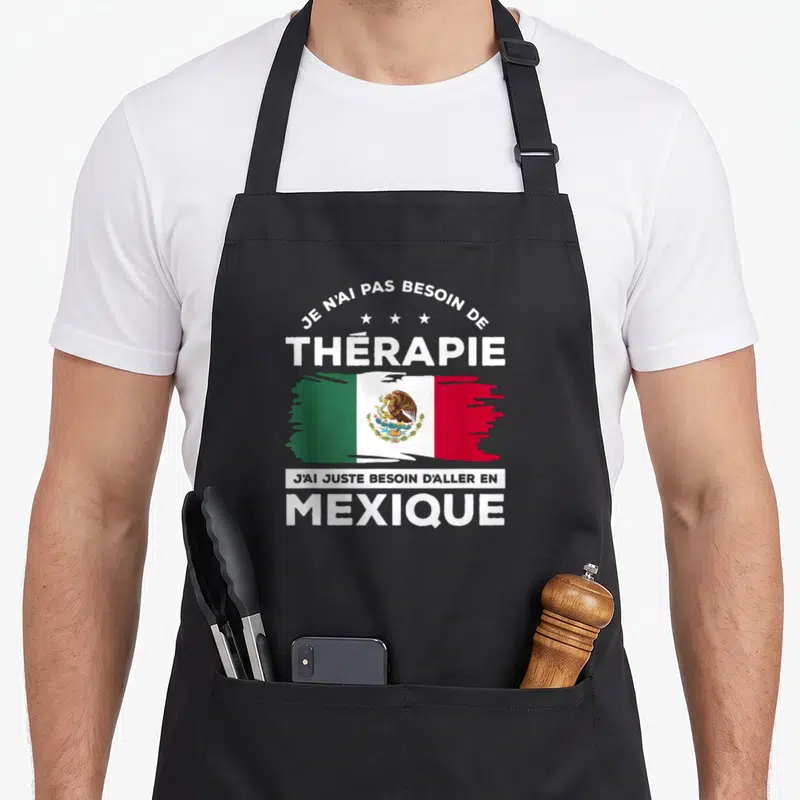 Tablier de cuisine noir avec inscription blanche et drapeau du Mexique stylisé en effet brossé.