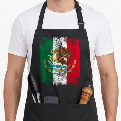Tablier de cuisine noir avec drapeau mexicain vintage aigle serpent et cactus imprimé.