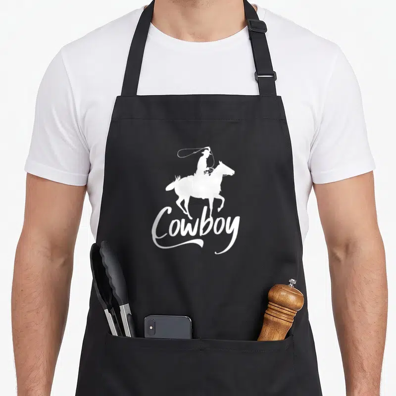 Tablier de cuisine noir avec silhouette blanche d'un cowboy à cheval brandissant un lasso et le mot Cowboy en dessous.