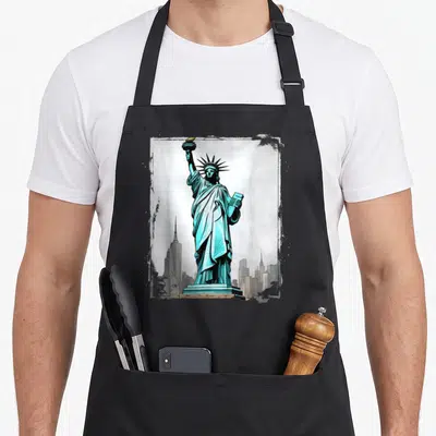 Tablier de cuisine noir avec illustration graphique de la Statue de la Liberté et skyline New York en arrière-plan.