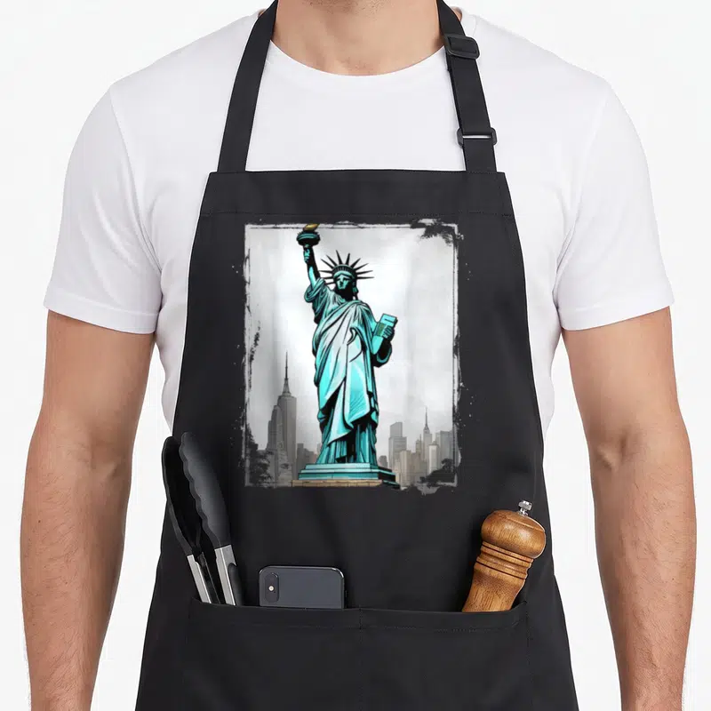 Tablier de cuisine noir avec illustration graphique de la Statue de la Liberté et skyline New York en arrière-plan.
