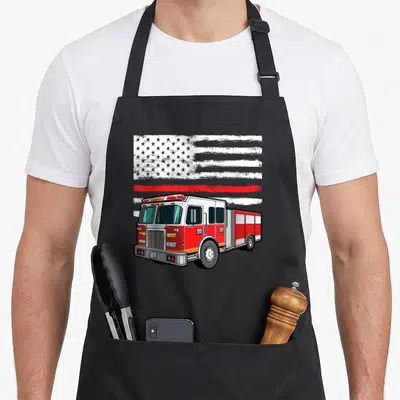 Tablier de cuisine noir avec illustration de camion de pompiers et drapeau américain à ligne rouge.