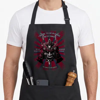 Tablier de cuisine noir avec illustration d'un masque de samouraï aux dents acérées et slogans en anglais.