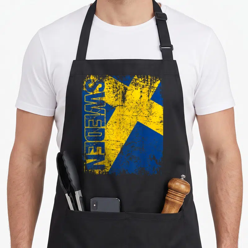 Tablier de cuisine noir avec drapeau Sweden bleu et jaune texturé et inscription verticale SWEDEN en lettres capitales bleues.