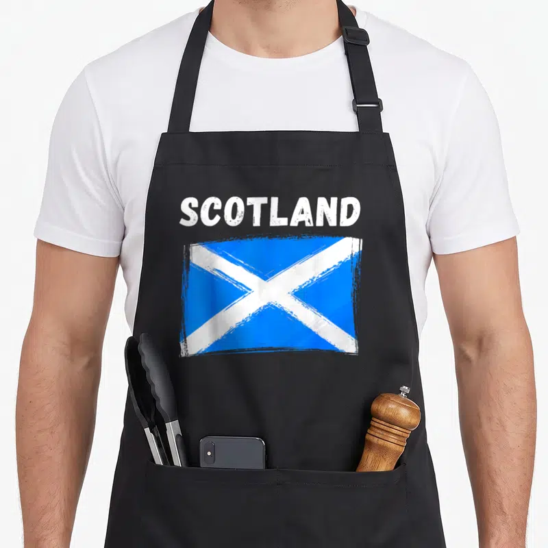 Tablier de cuisine noir avec le drapeau Écosse et l'inscription Scotland en typographie blanche usée.