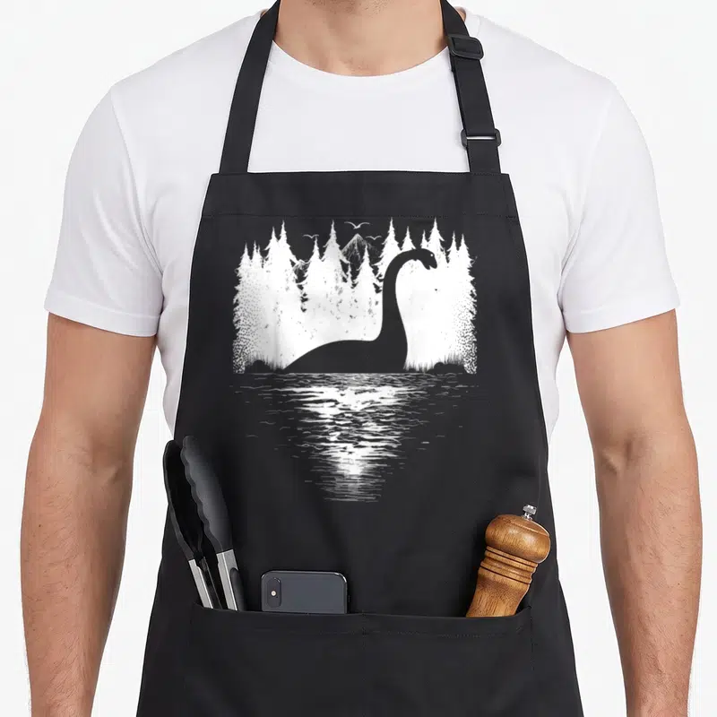 Tablier de cuisine noir avec silhouette blanche du monstre du Loch Ness sortant d'un lac bordé de pins et de montagnes.